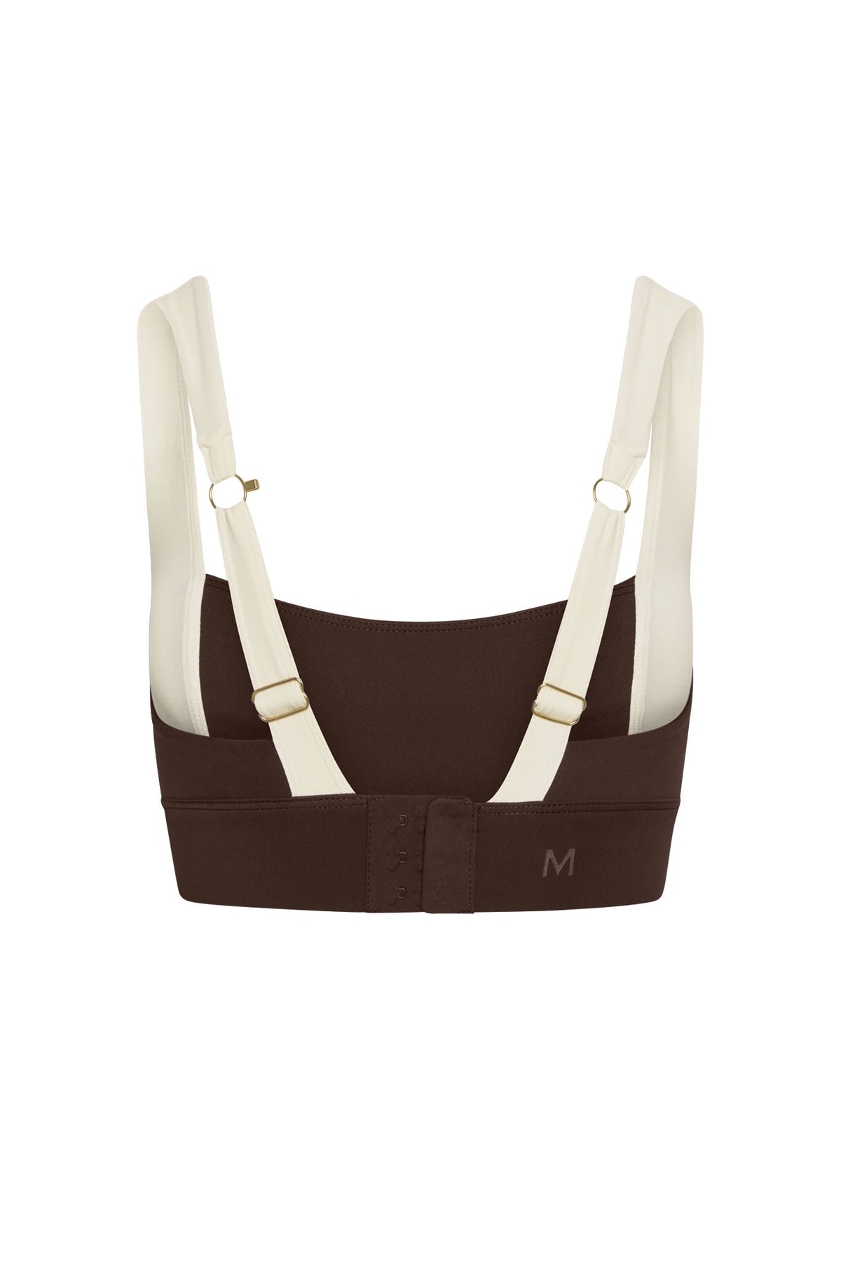Rear view of Tash Bra in Espresso and Ivory showcasing adjustable ivory straps, gold rings, and hook and eye closure on white