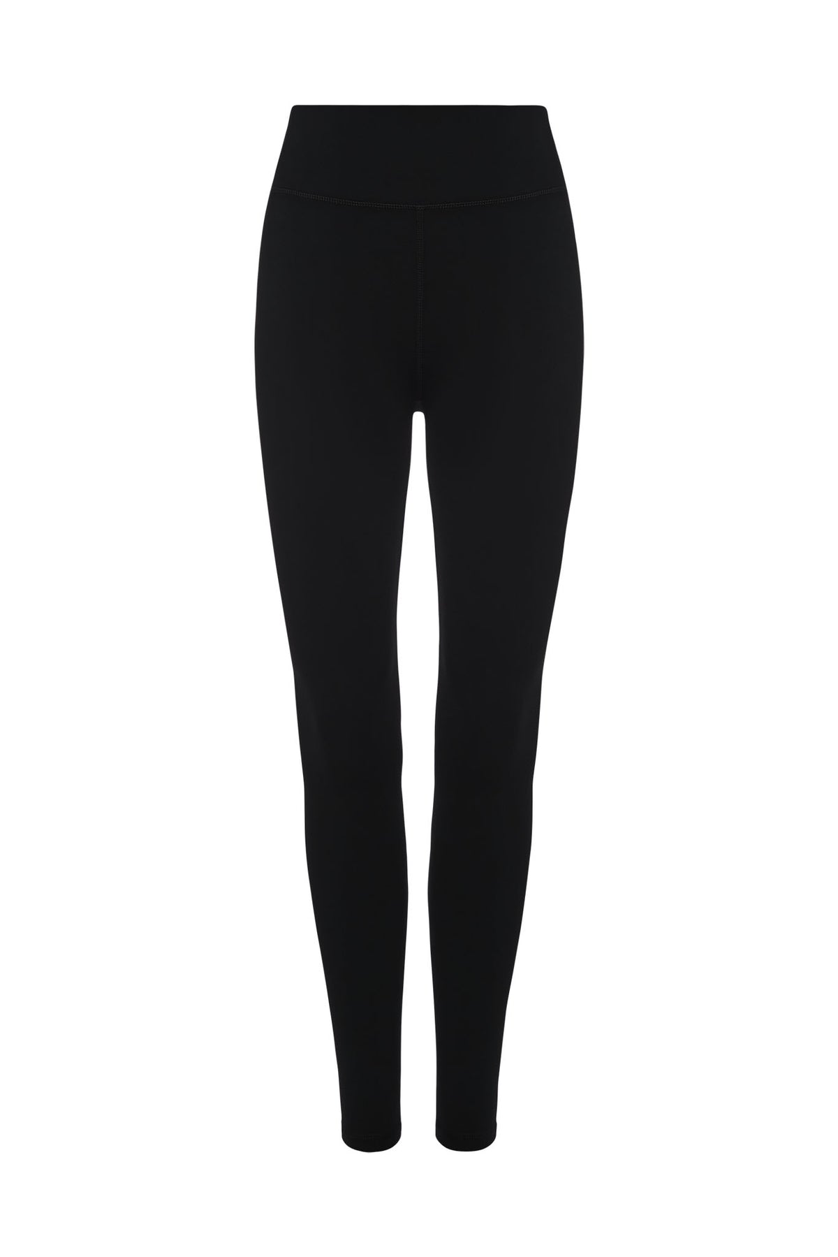 Front view of black Topanga Legging showcasing the mid-rise waist and front seam against a white background