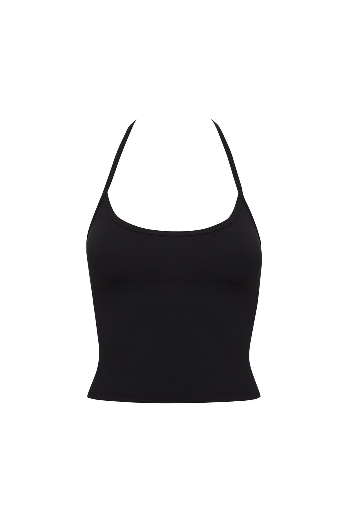 Front view of black Toronto Tank showcasing scoop neck and halter straps with a white background