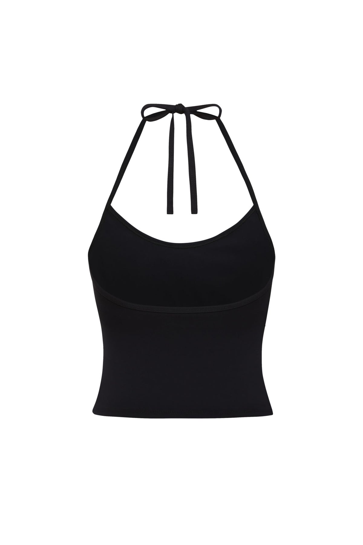 Front view of black Toronto Tank showcasing adjustable halter ties and scoop neckline with white background