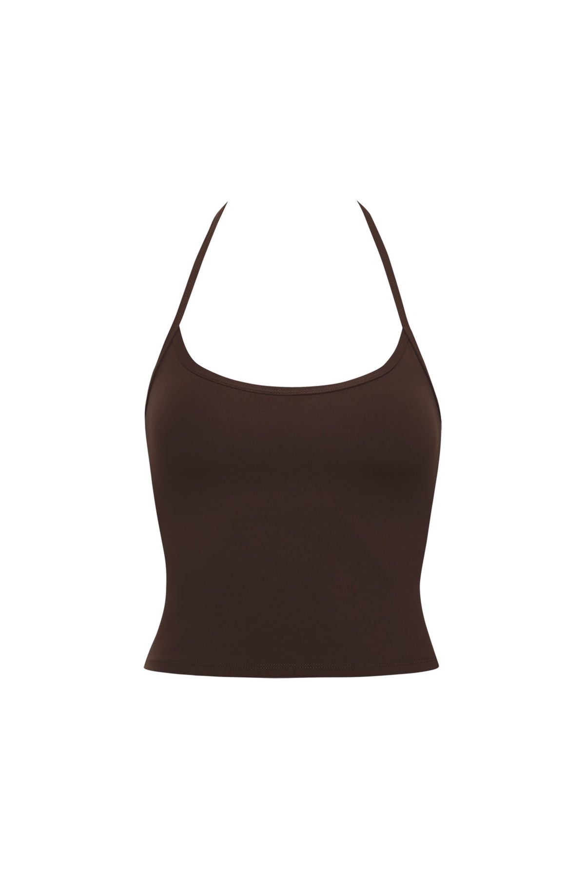 Front view of Espresso Toronto Tank showcasing scoop neck and halter straps with white background