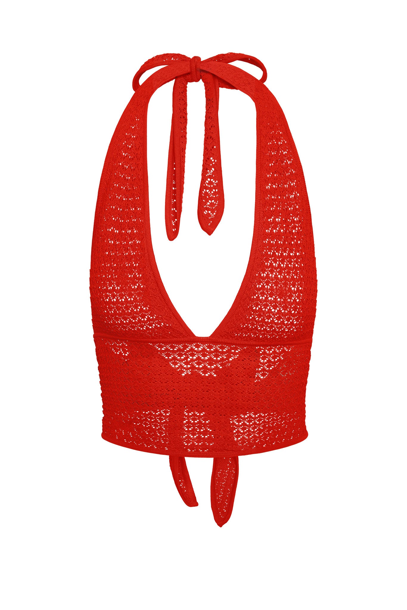 Red crocheted halter crop top with tie straps at neck and back