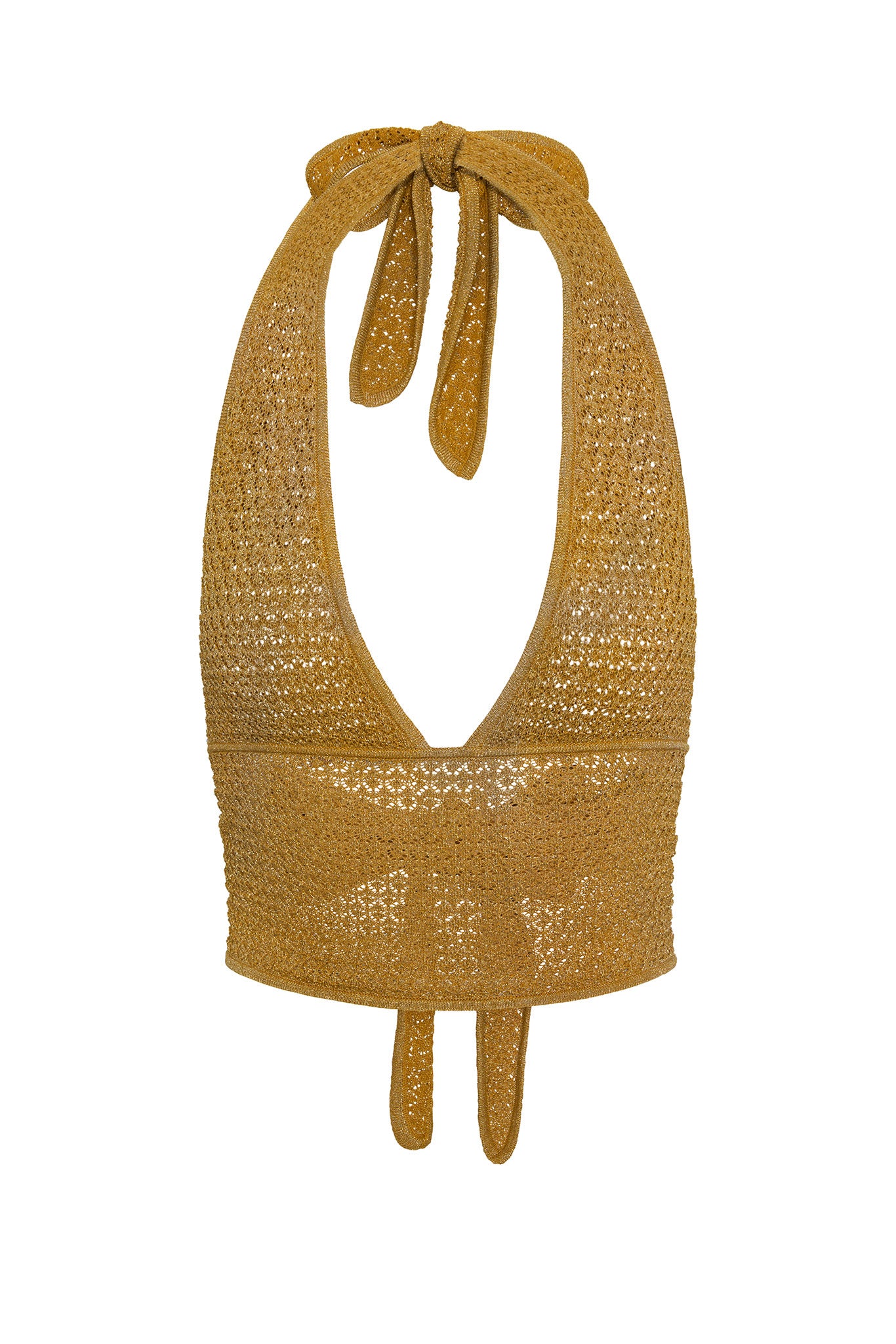 Mustard crochet halter bikini top with deep V and tie closures at neck and back