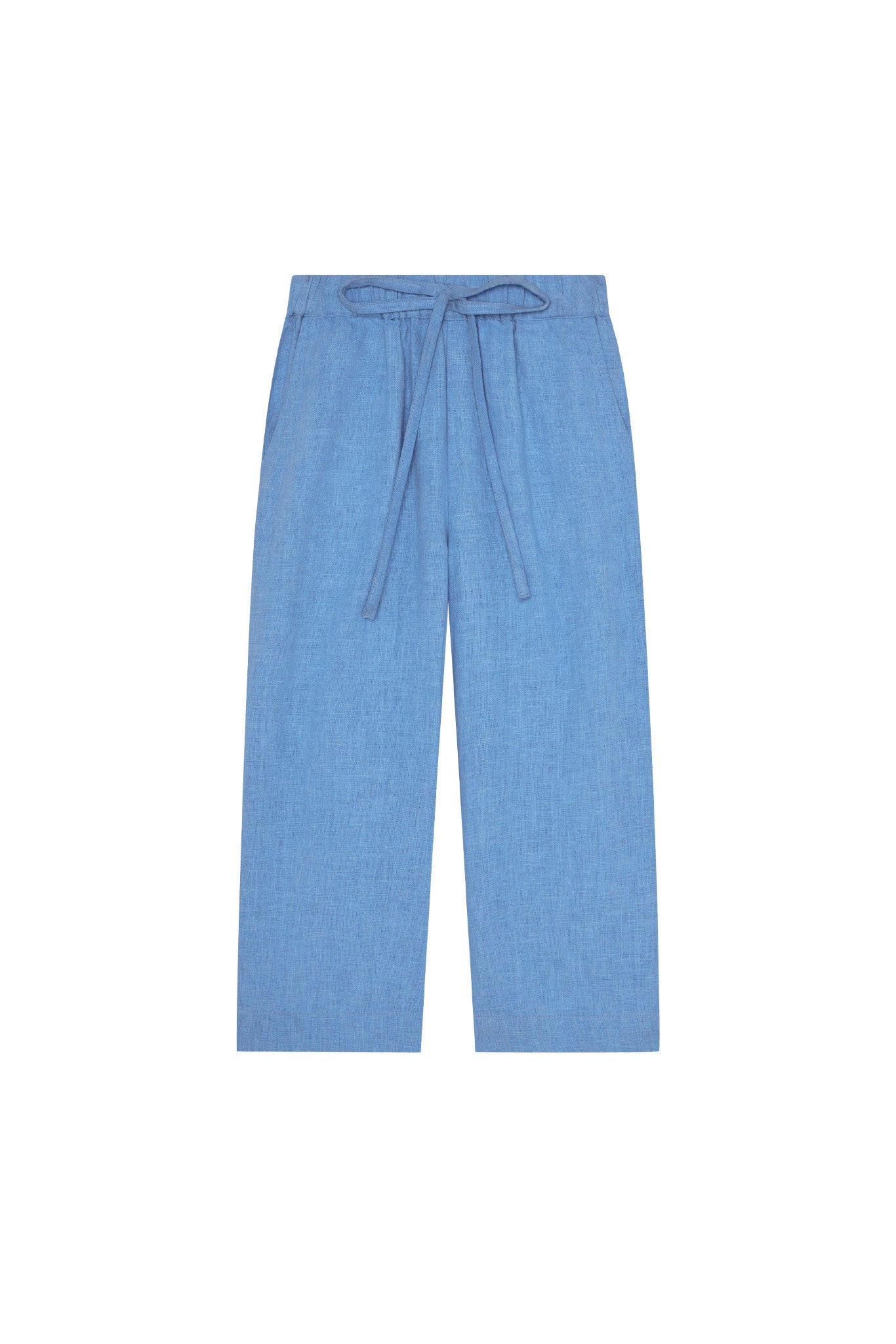 Light-blue linen wide-leg pants, front view, elastic drawstring waist and cropped ankles on white background.