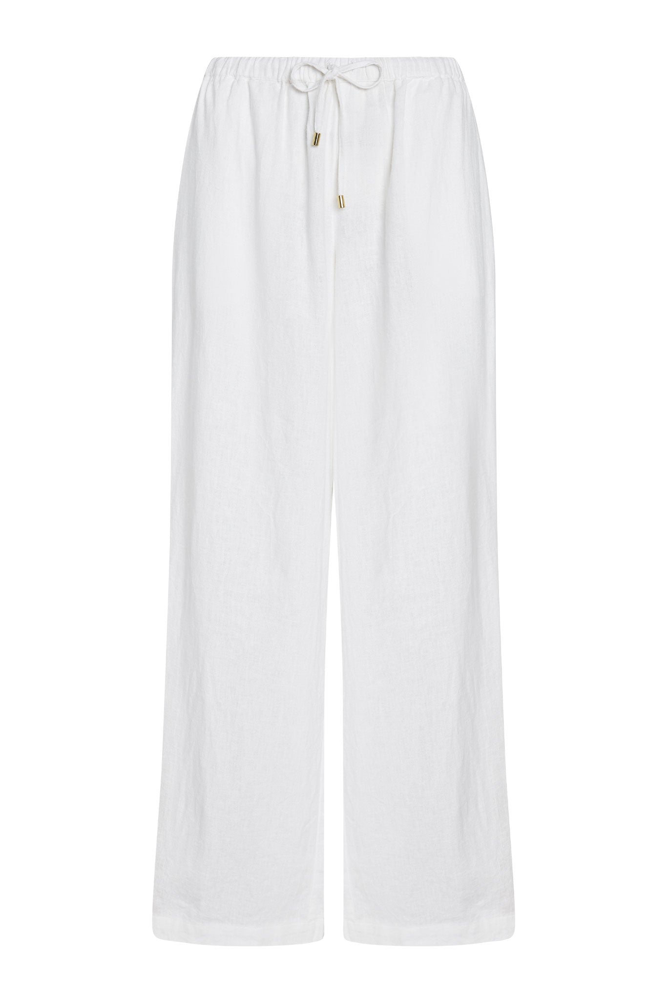 White wide-leg linen drawstring pants with elastic waist and metal-tipped ties