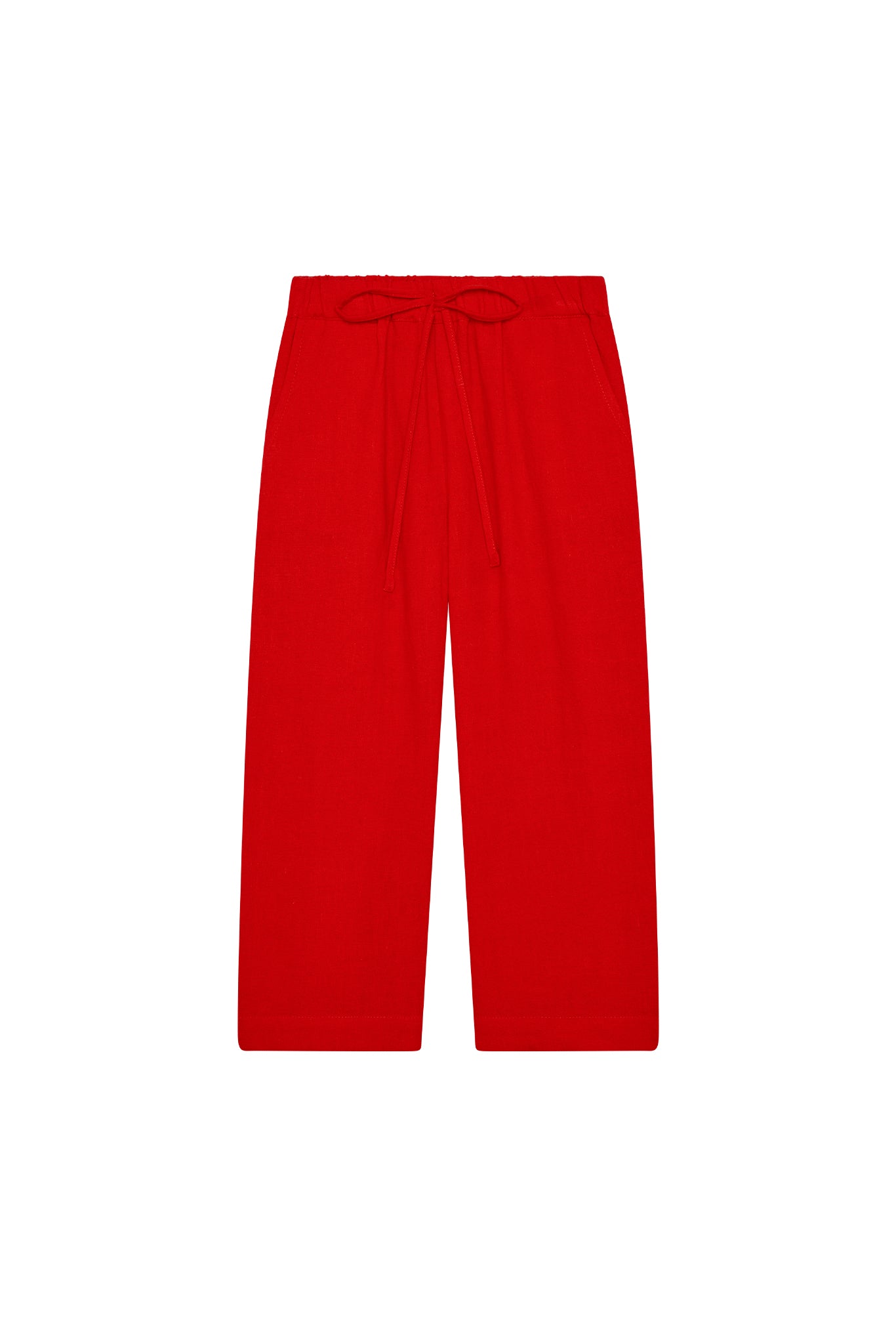 Red wide-leg drawstring lounge pants laid flat on white background