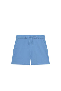 Front view of Tuscany Short Kids shorts in Azure Crinkle showing elastic drawstring waistband and textured fabric on white
