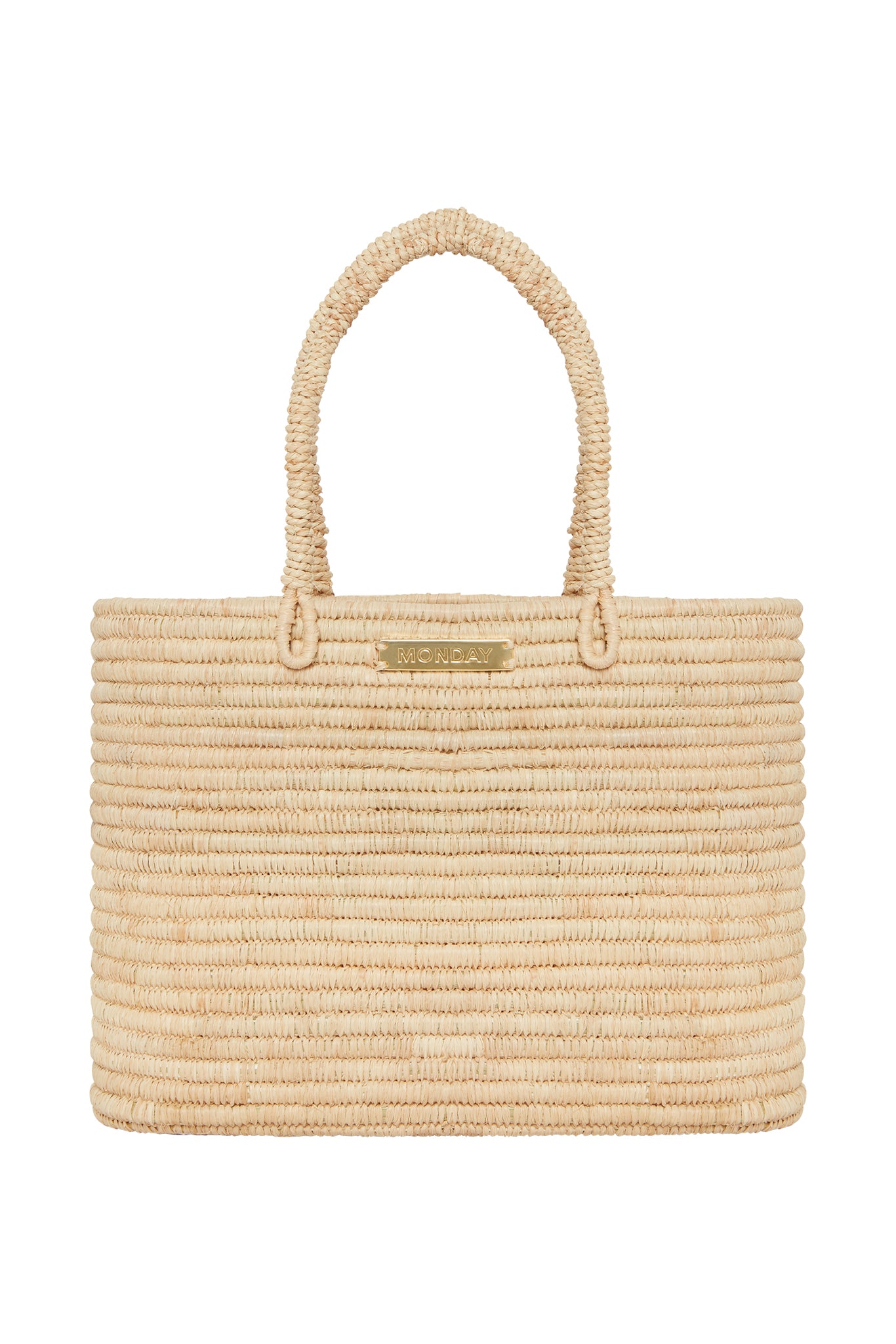 Woven straw tote bag with braided handles and gold plate labeled MONDAY.