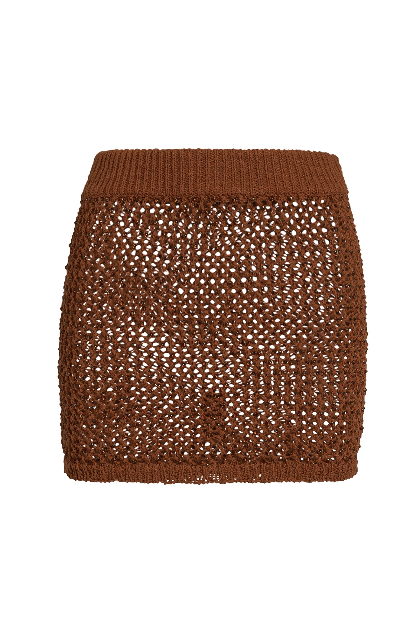 Brown crocheted mini skirt with ribbed waistband and open-knit pattern