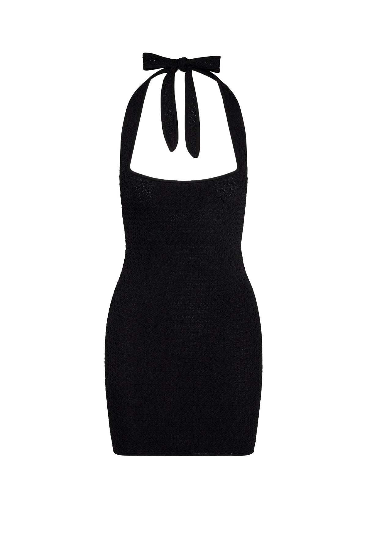 Front view of black lace crochet Waikiki Mini Dress with scoop neckline, tie halter silhouette, and fitted lined mini