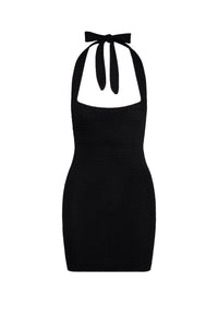 Front view of black lace crochet Waikiki Mini Dress with scoop neckline, tie halter silhouette, and fitted lined mini