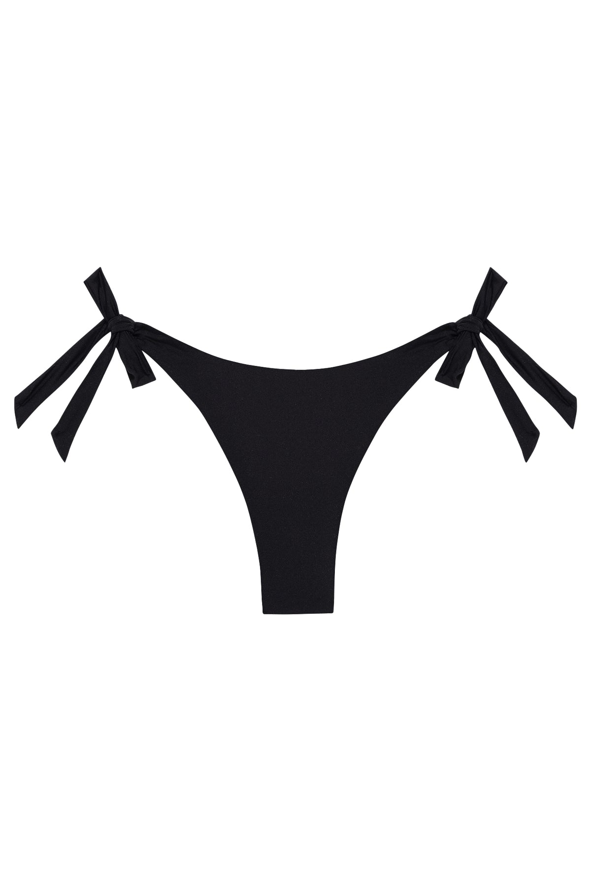 Front view of black Wategos Bottom showcasing adjustable side ties and cheeky mid-rise coverage on a white background