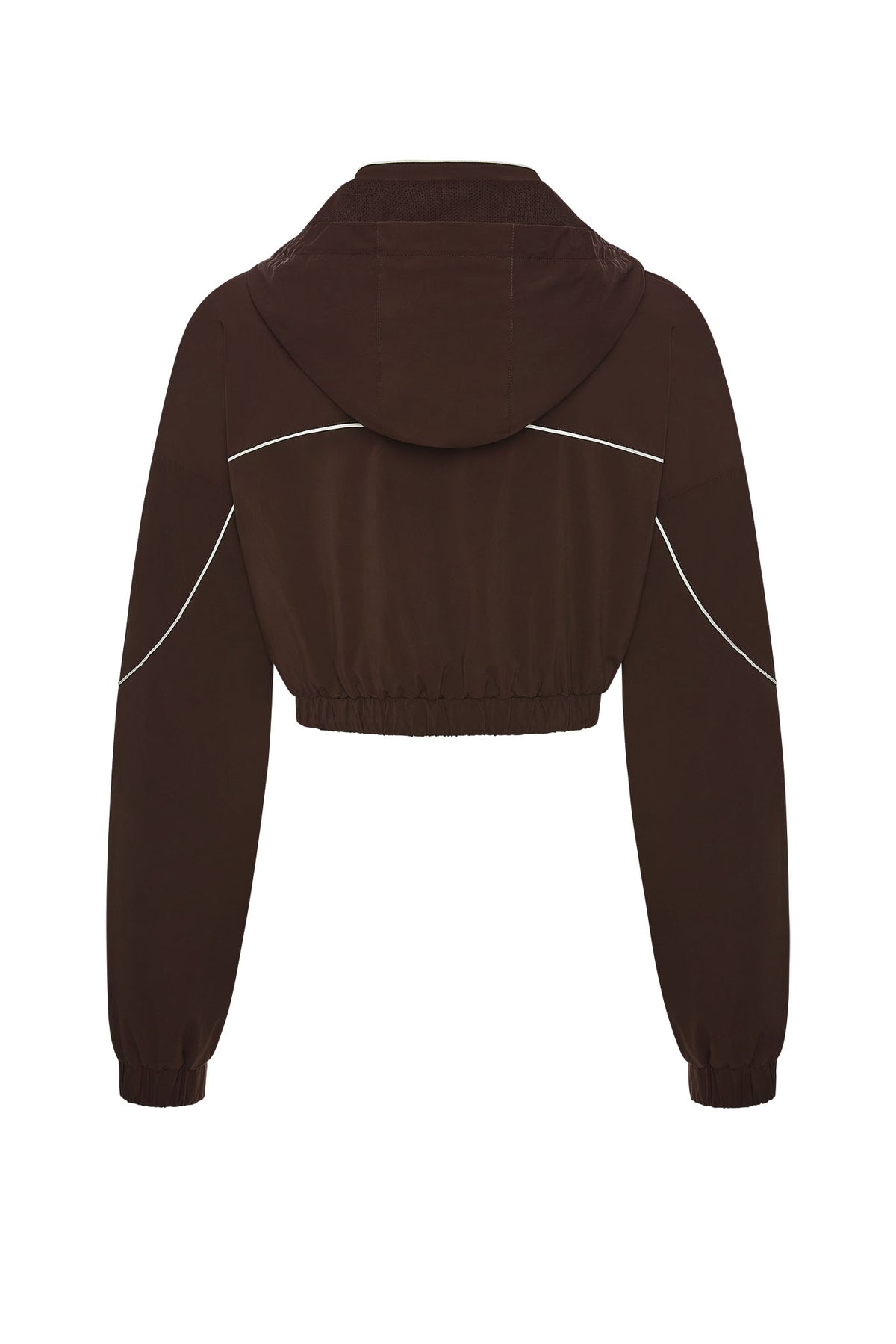 Back view of Espresso Westmount Jacket showcasing its hood, cropped fit, and contrast piping on a white background