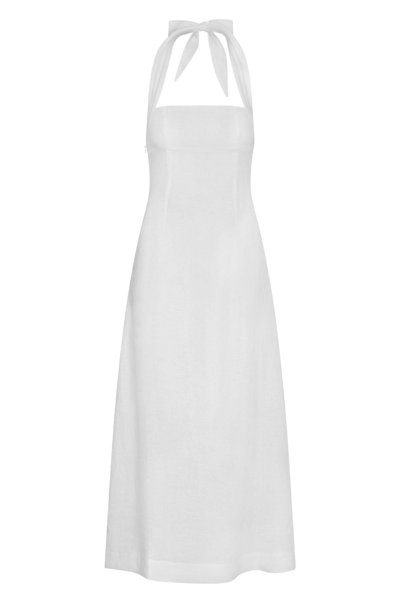White linen halter maxi dress with tied halter straps, square neckline and long A-line skirt.
