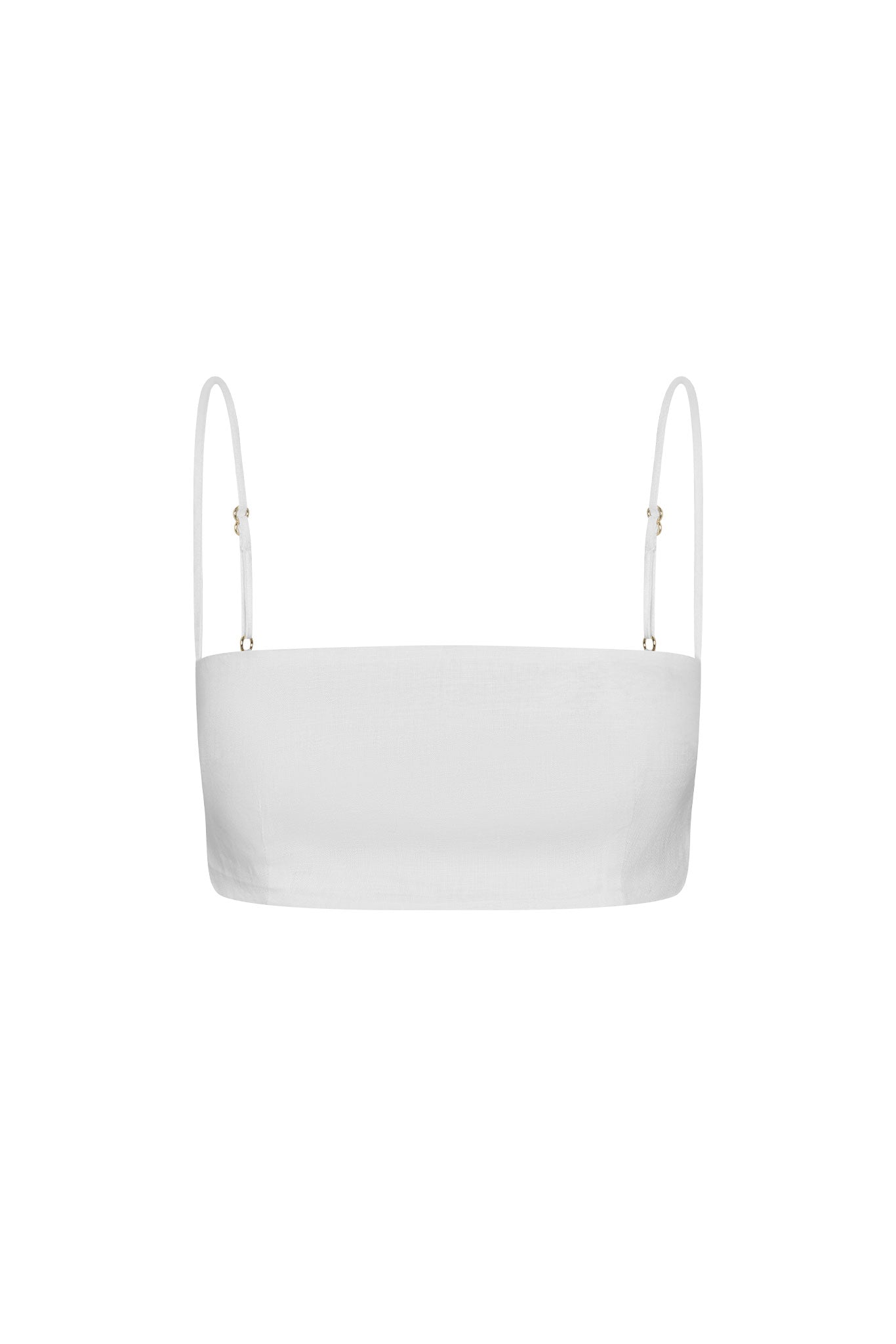 White cropped bandeau top with thin adjustable spaghetti straps, front view