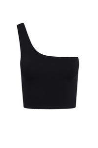 Black one-shoulder cropped top on white background