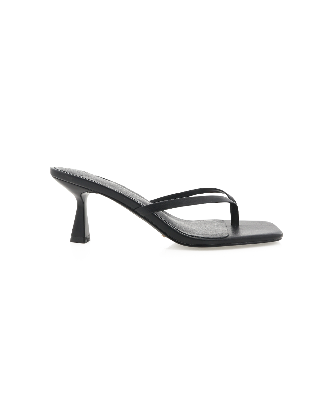Women's black leather mid-heel thong sandal with square toe and low flared heel, side profile.