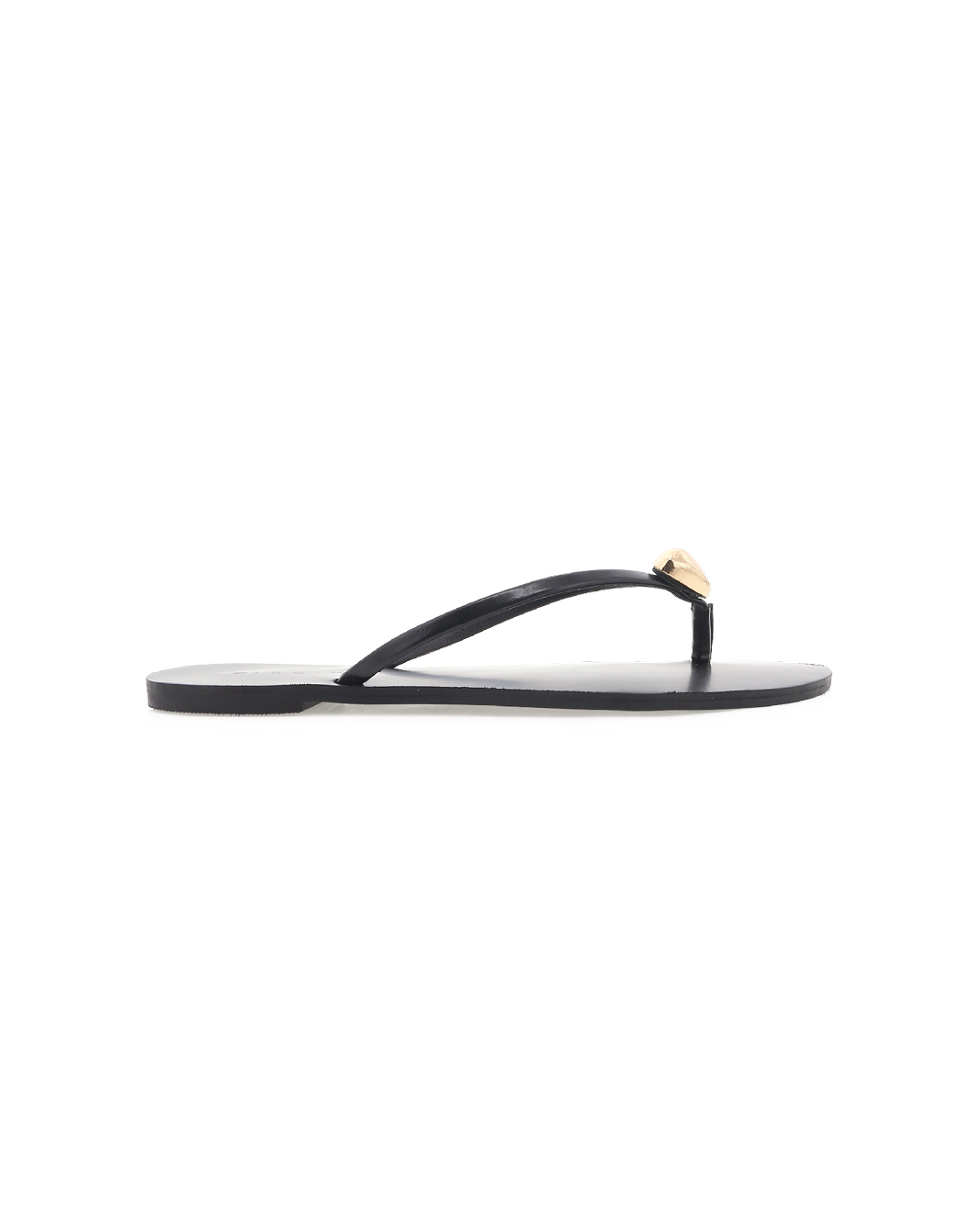 Black flat thong sandal, side view with thin strap and gold teardrop ornament at toe.