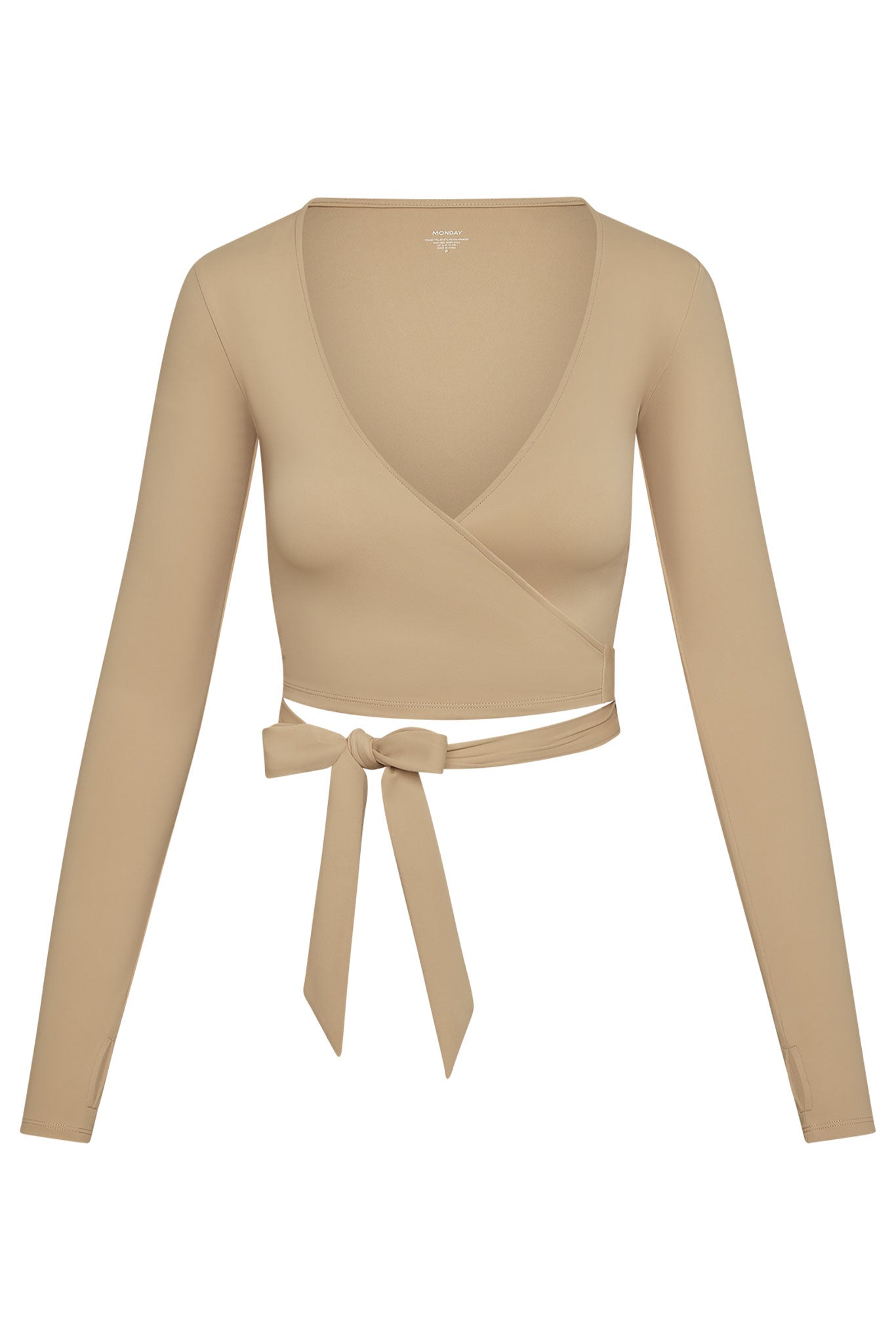 Beige long-sleeve wrap crop top with tie bow at waist; neckline label MONDAY.