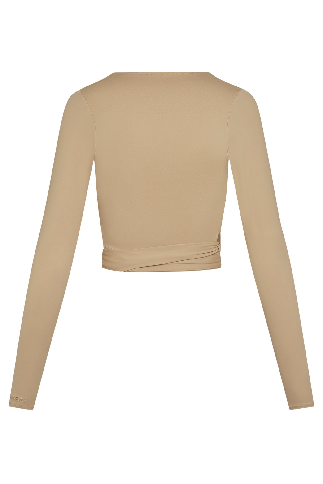 Beige long-sleeve cropped wrap top, back view