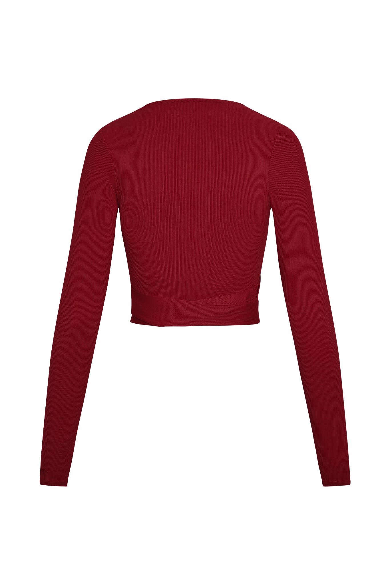 Back view of Yosemite Top in Cherry Thin Rib showing long sleeves, ribbed texture and wrap tie on white background