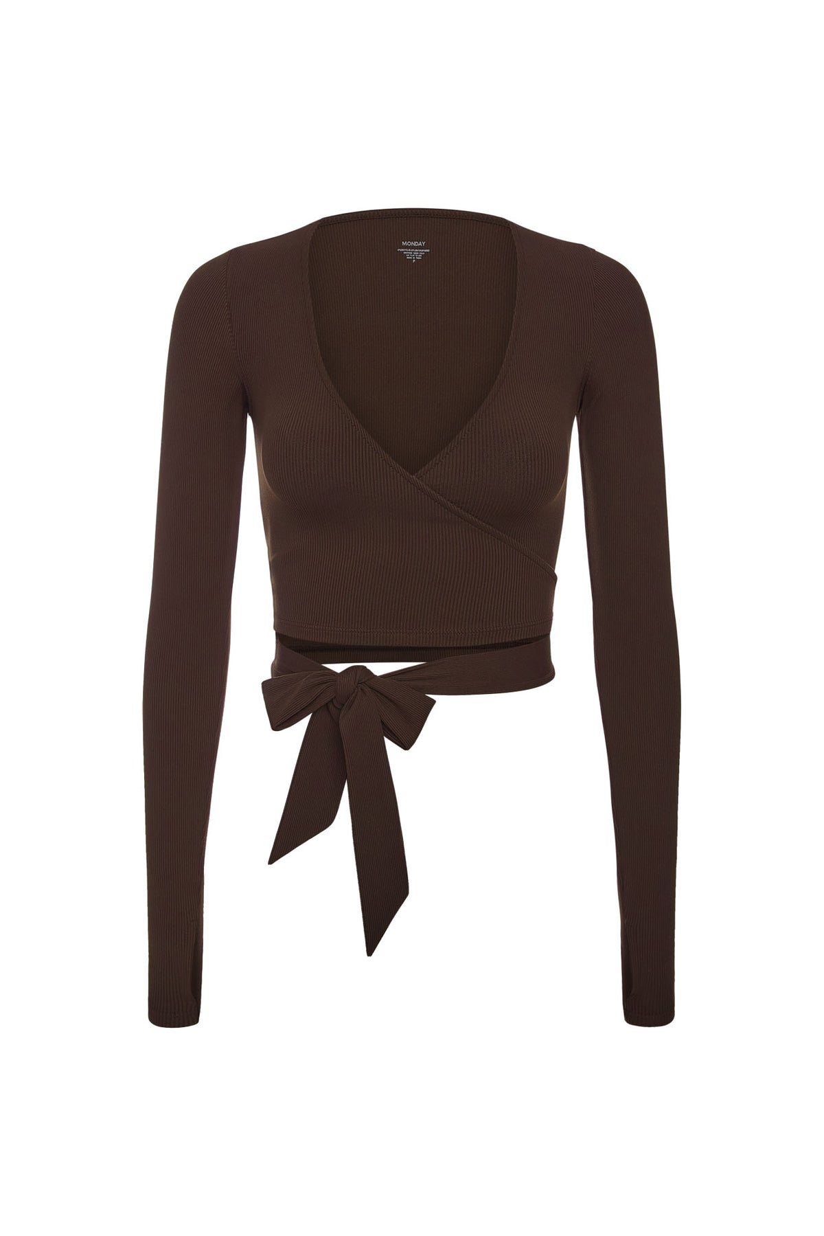 Front view of Yosemite Top in espresso thin rib showcasing long sleeves, ribbed texture, and wrap tie waist on a white background