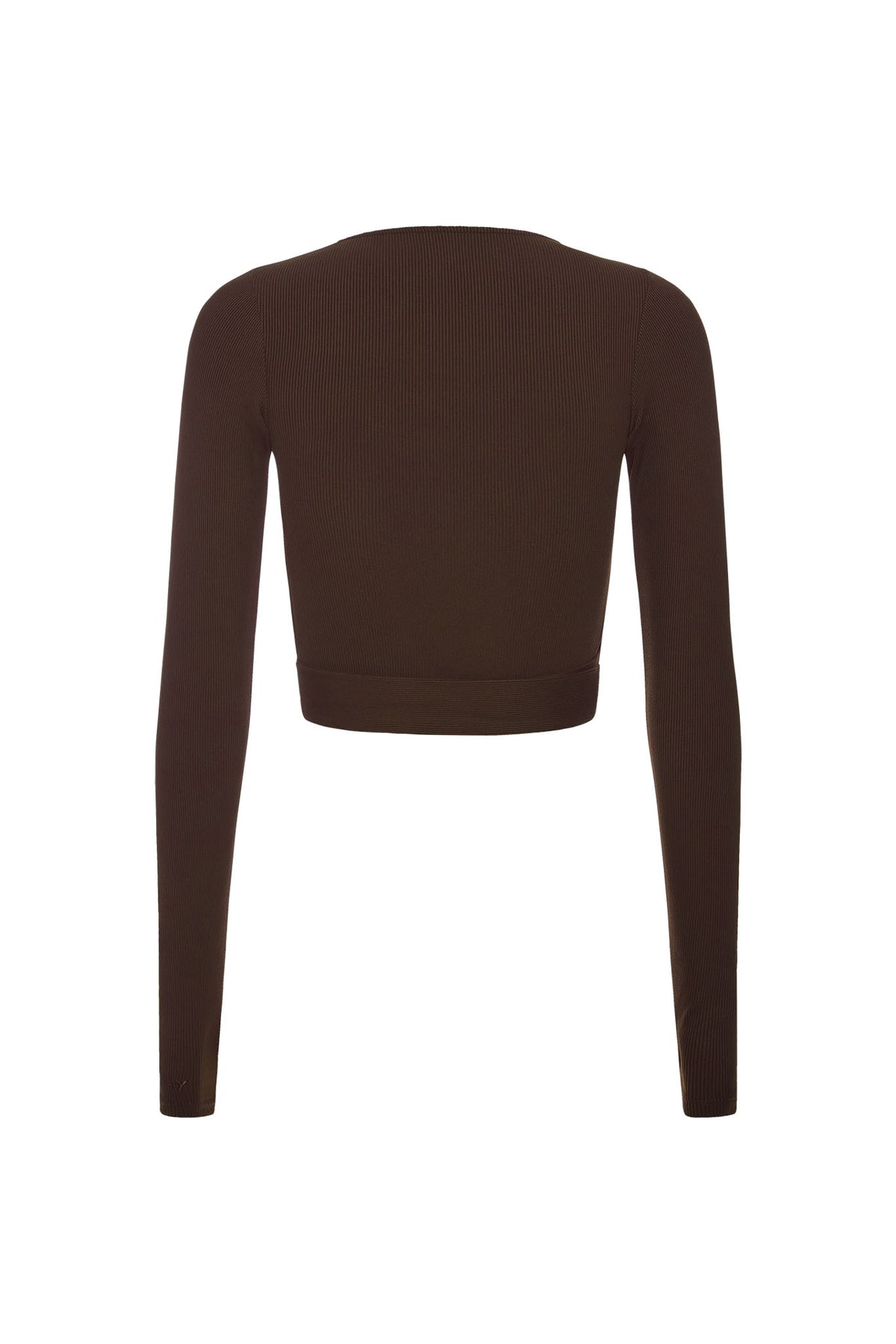 Back view of Yosemite Top in espresso thin rib showcasing its long sleeves and cropped fit with a white background