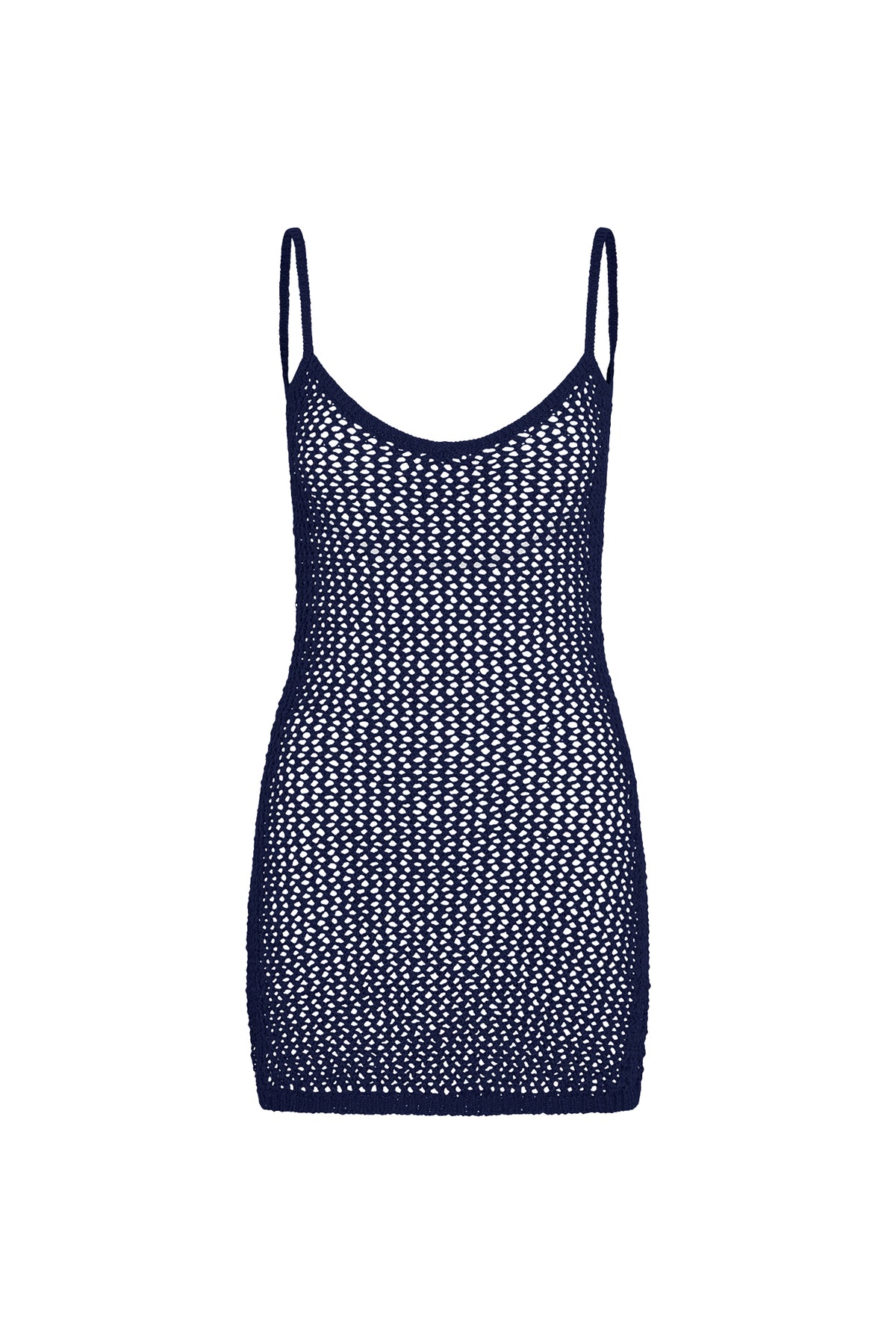 Front view of Zanzibar Mini Dress - Midnight Petit Crochet showcasing sheer open crochet knit and scoop neckline on white background