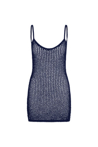 Front view of Zanzibar Mini Dress - Midnight Petit Crochet showcasing sheer open crochet knit and scoop neckline on white background