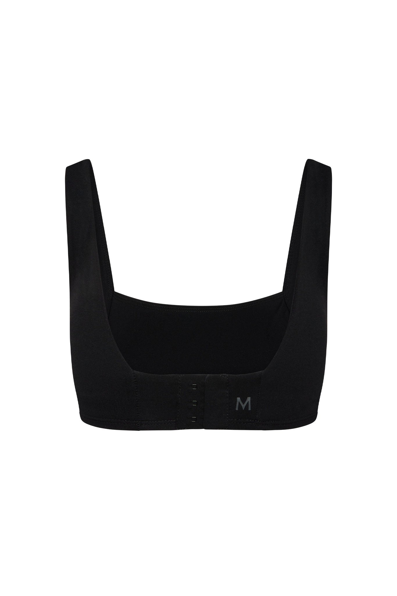 Black cropped bra, back view showing wide straps, hook-and-eye closure and printed M size on band.