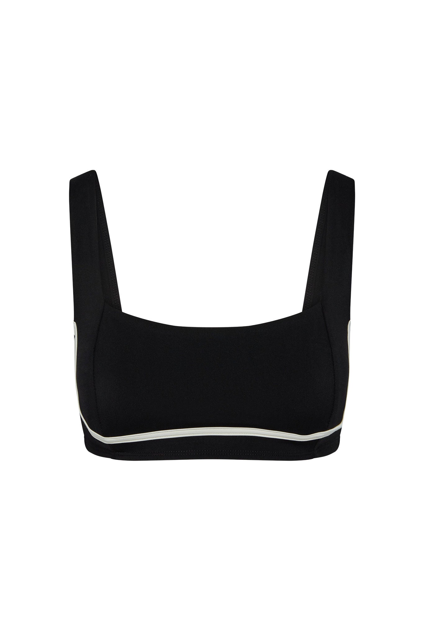 Black square-neck swim top with wide shoulder straps and white contrast piping along bust and hem.