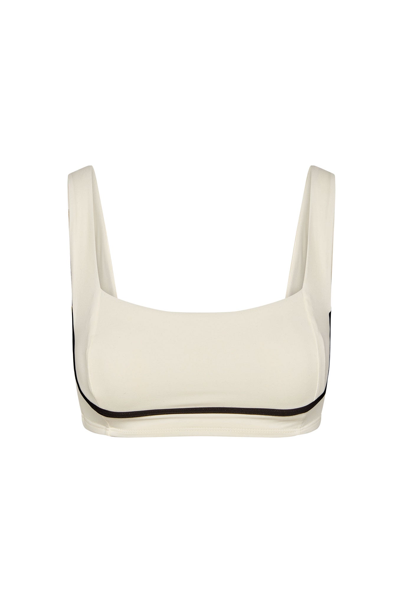 Ivory square-neck sports bra with wide straps and black contrast piping along the underbust