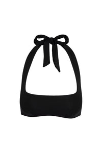 Front close-up of Amalfi Top in black showcasing square neckline and adjustable halter tie on white background