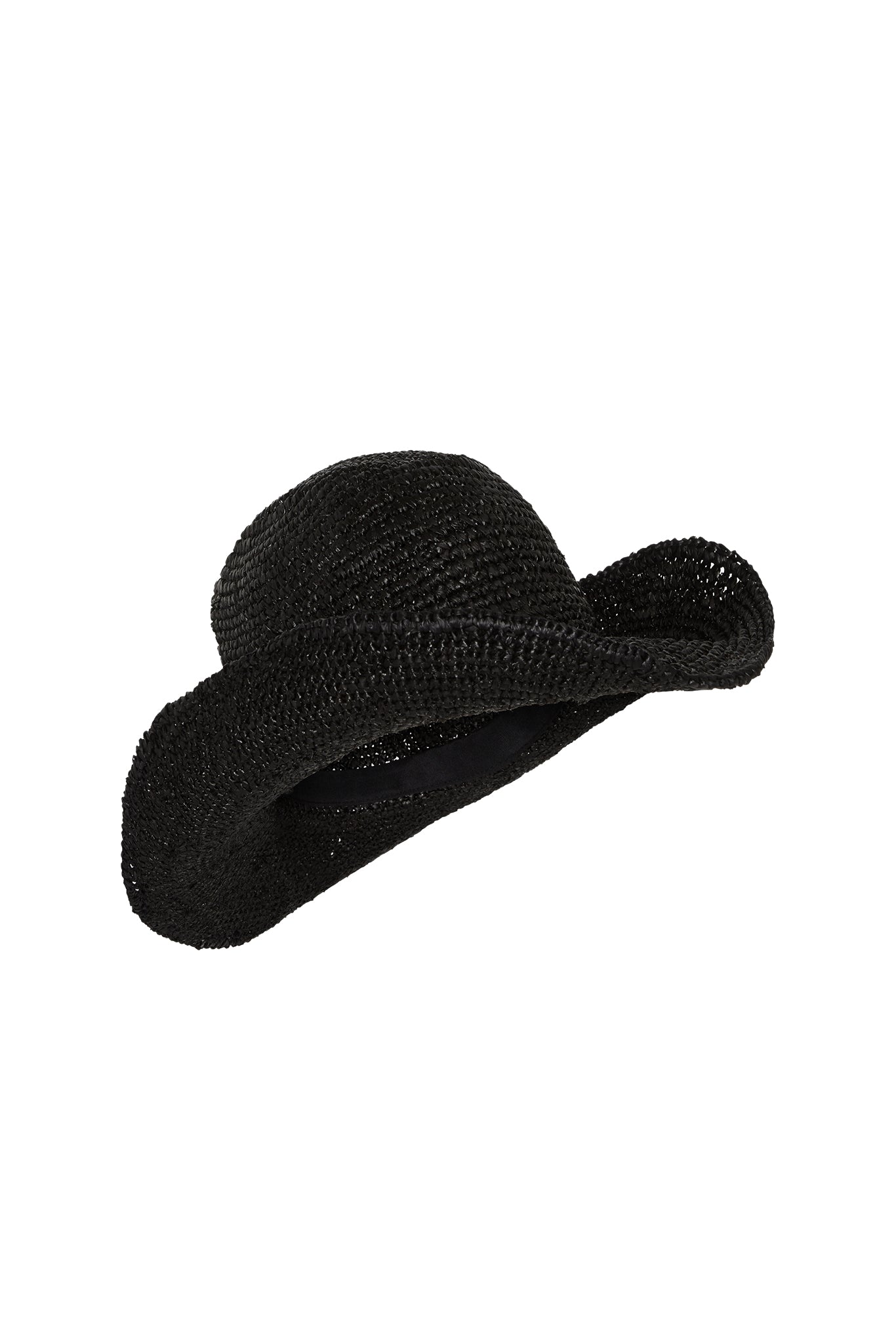 Black woven straw sun hat with wide floppy brim, slightly curved shape, isolated on white background
