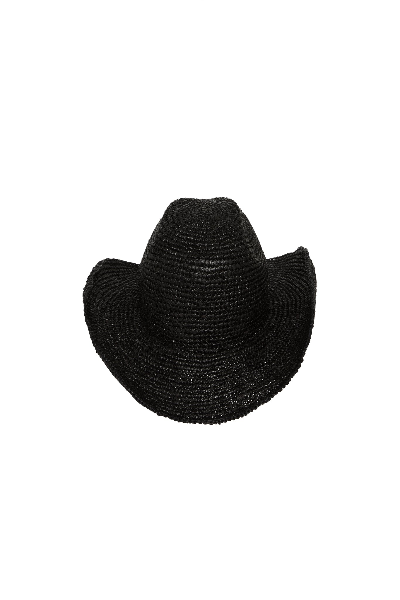Black woven wide-brim straw sun hat, top view on white background