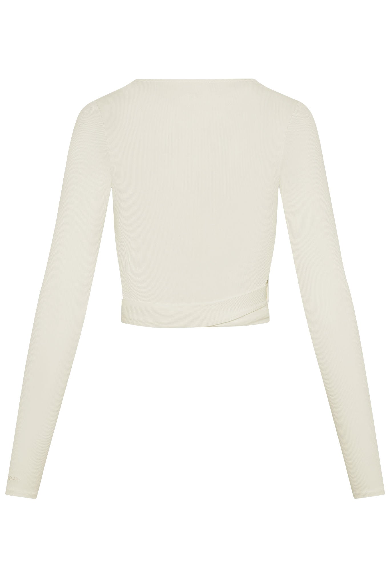 Back view of cream ribbed long-sleeve cropped top with boat neckline