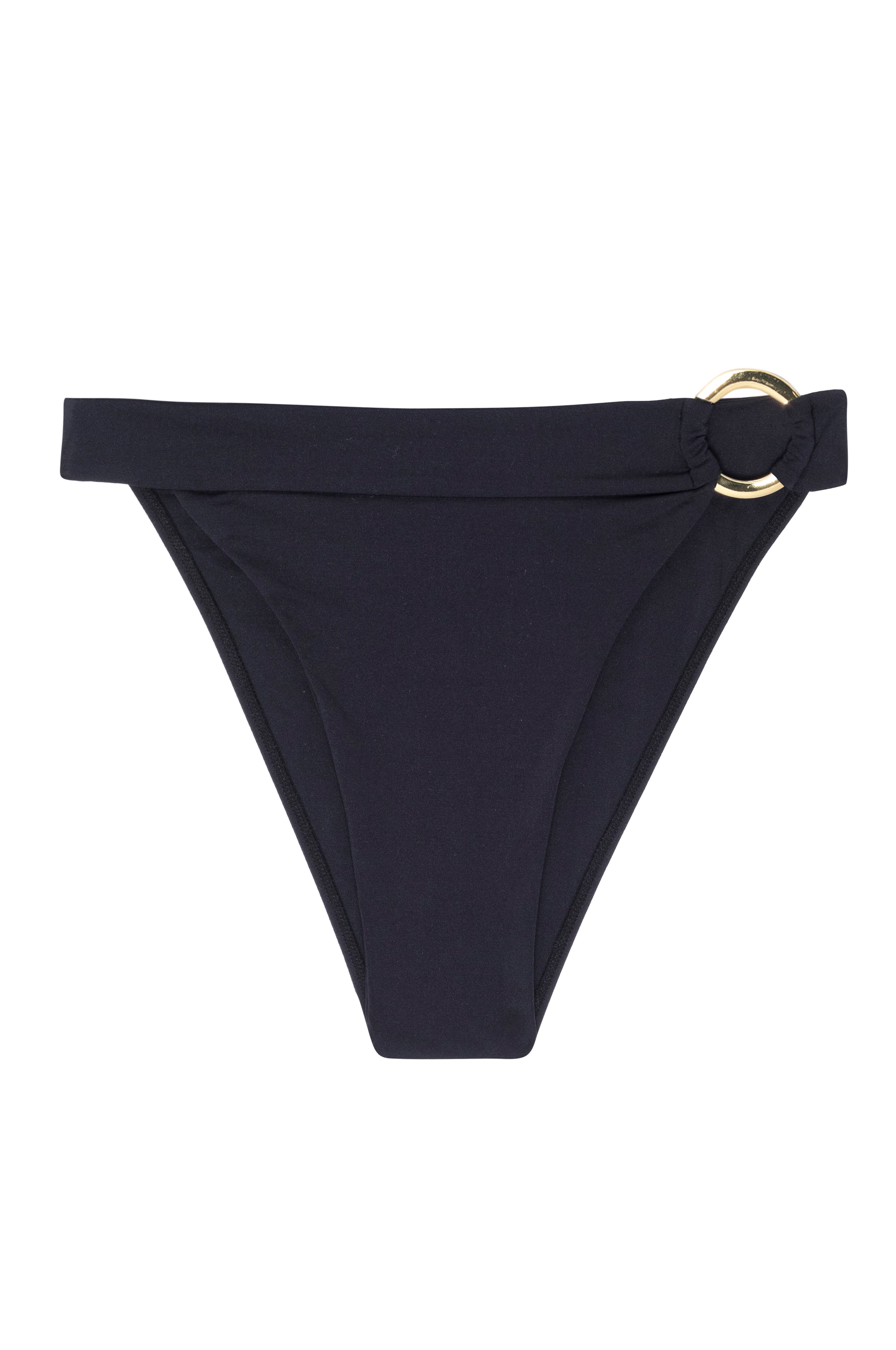 Navy bikini bottom with gold side-ring detail, high-cut silhouette