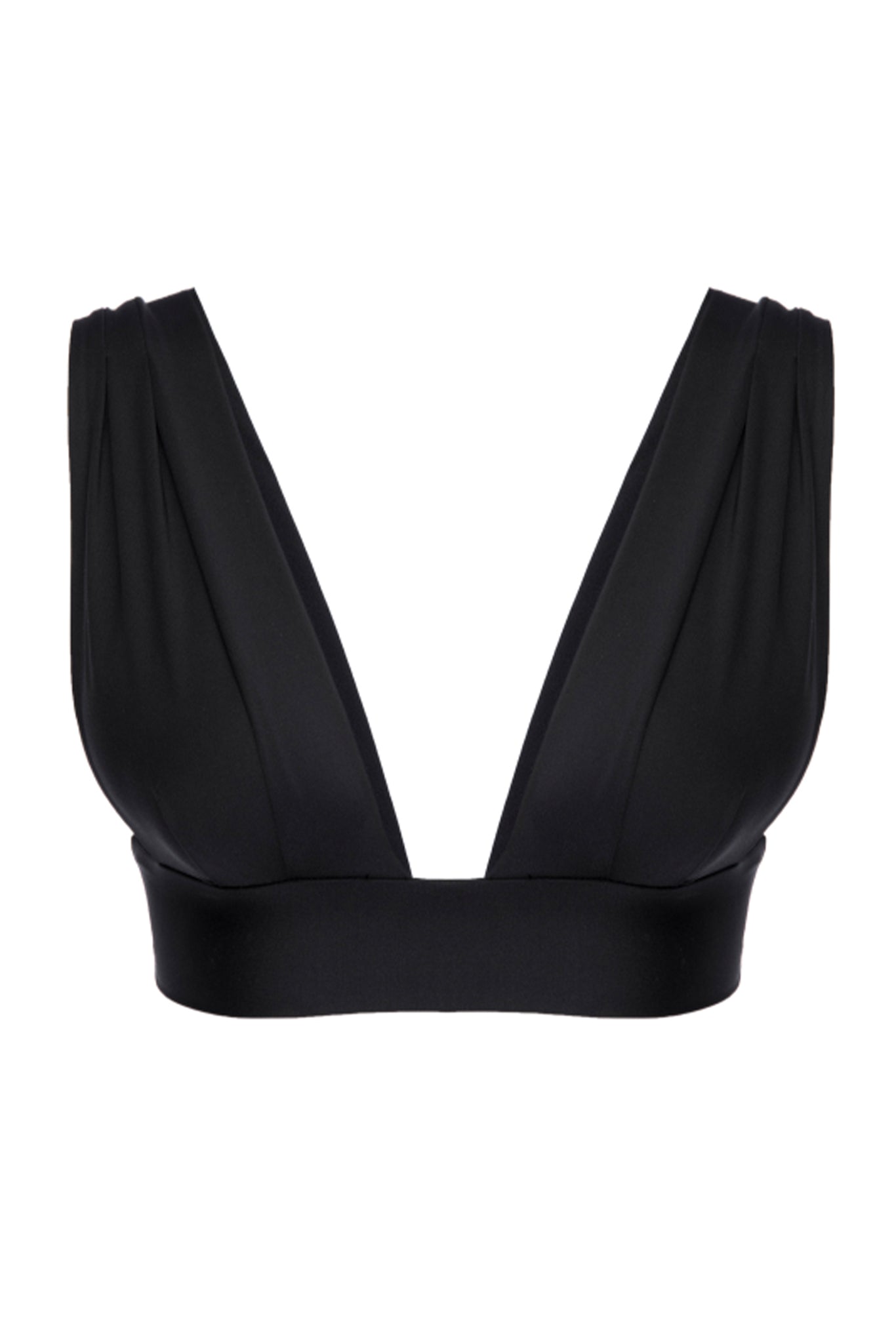 Black deep-V plunge bralette with wide underbust band and draped shoulder straps