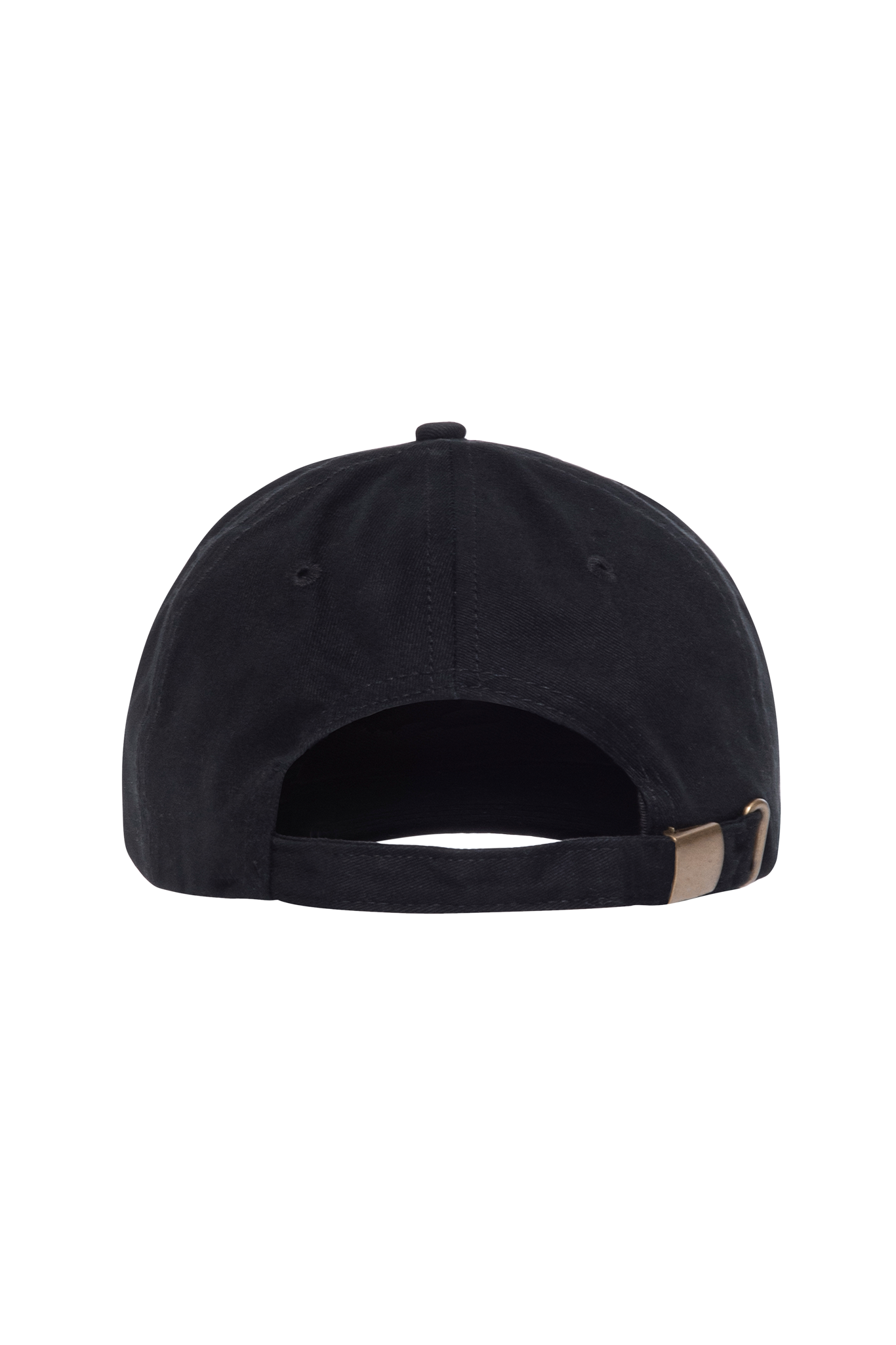Rear view of black baseball cap with adjustable strap and brass buckle