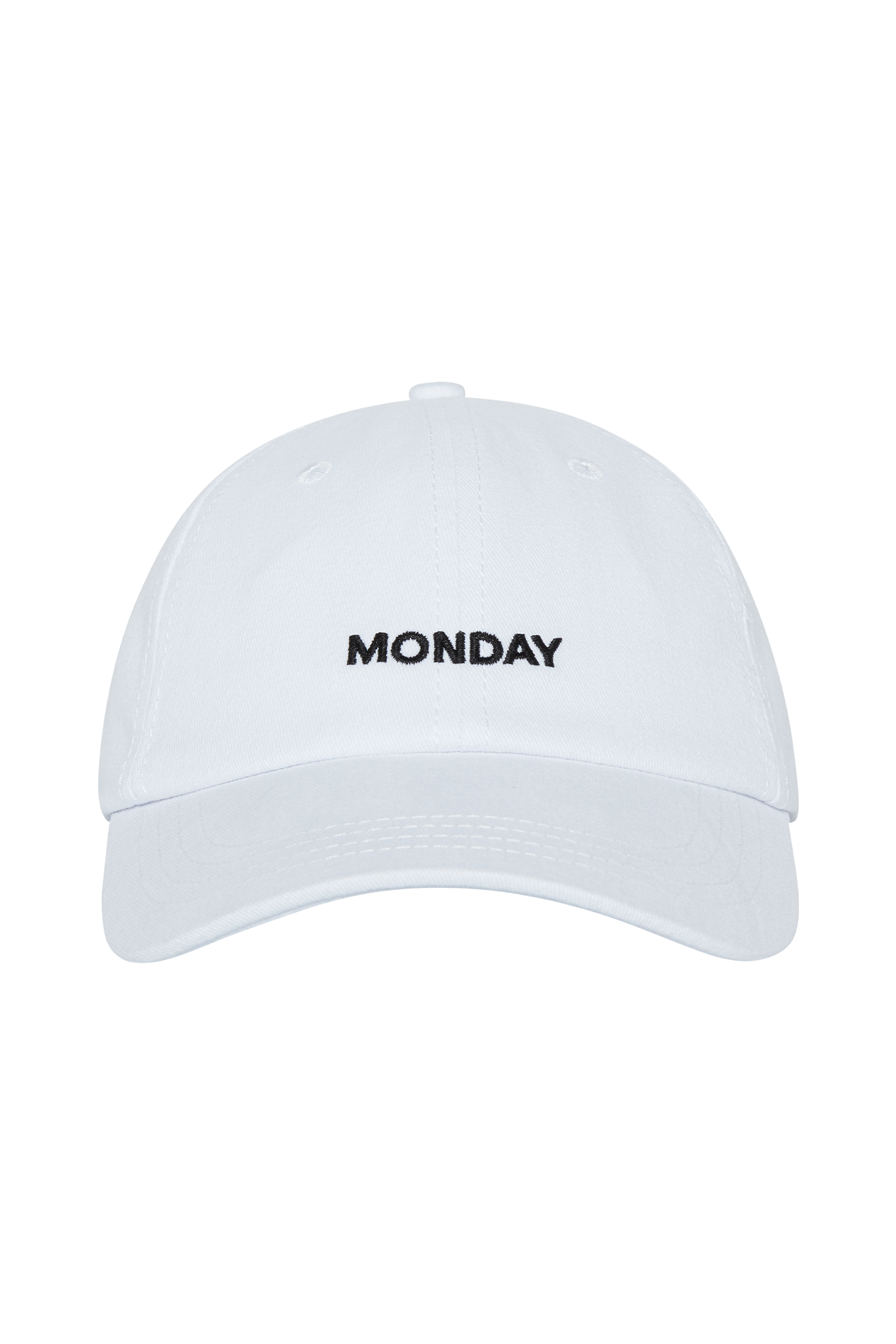 White baseball cap with centered embroidered text MONDAY on the front