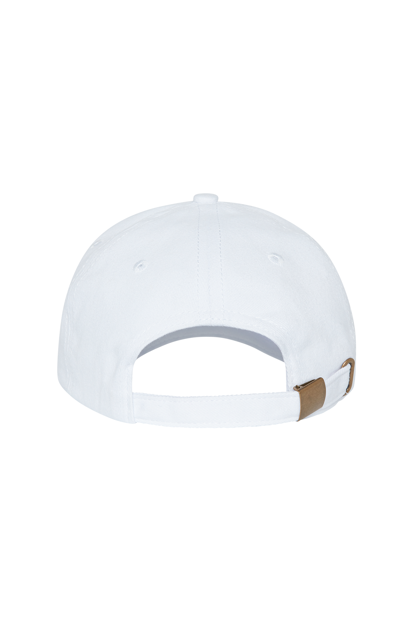 White baseball cap, rear view with adjustable strap and brass buckle