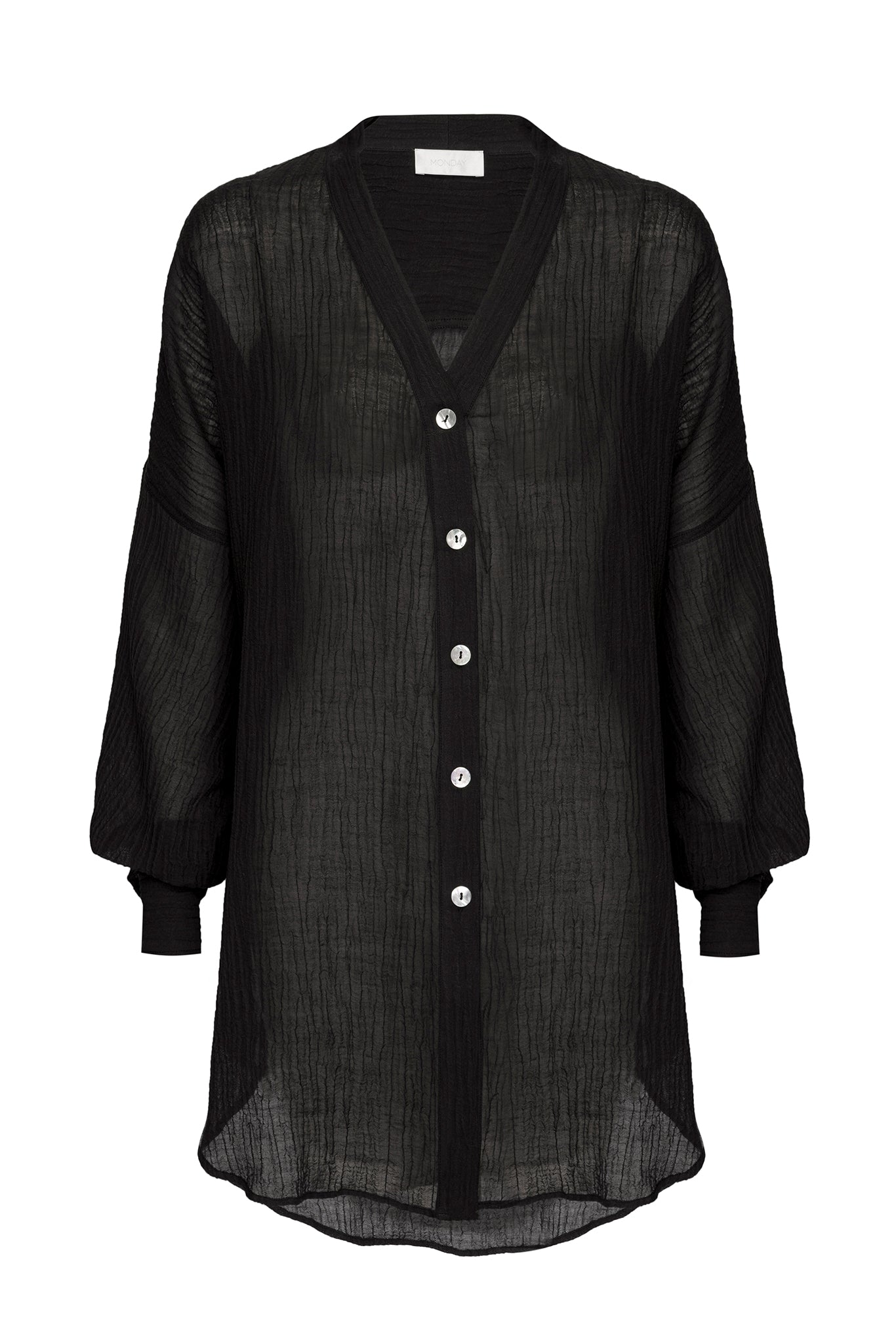 Black sheer crinkled longline button-front cardigan, V-neck, balloon sleeves, ribbed cuffs, five buttons; label reads MONDAY