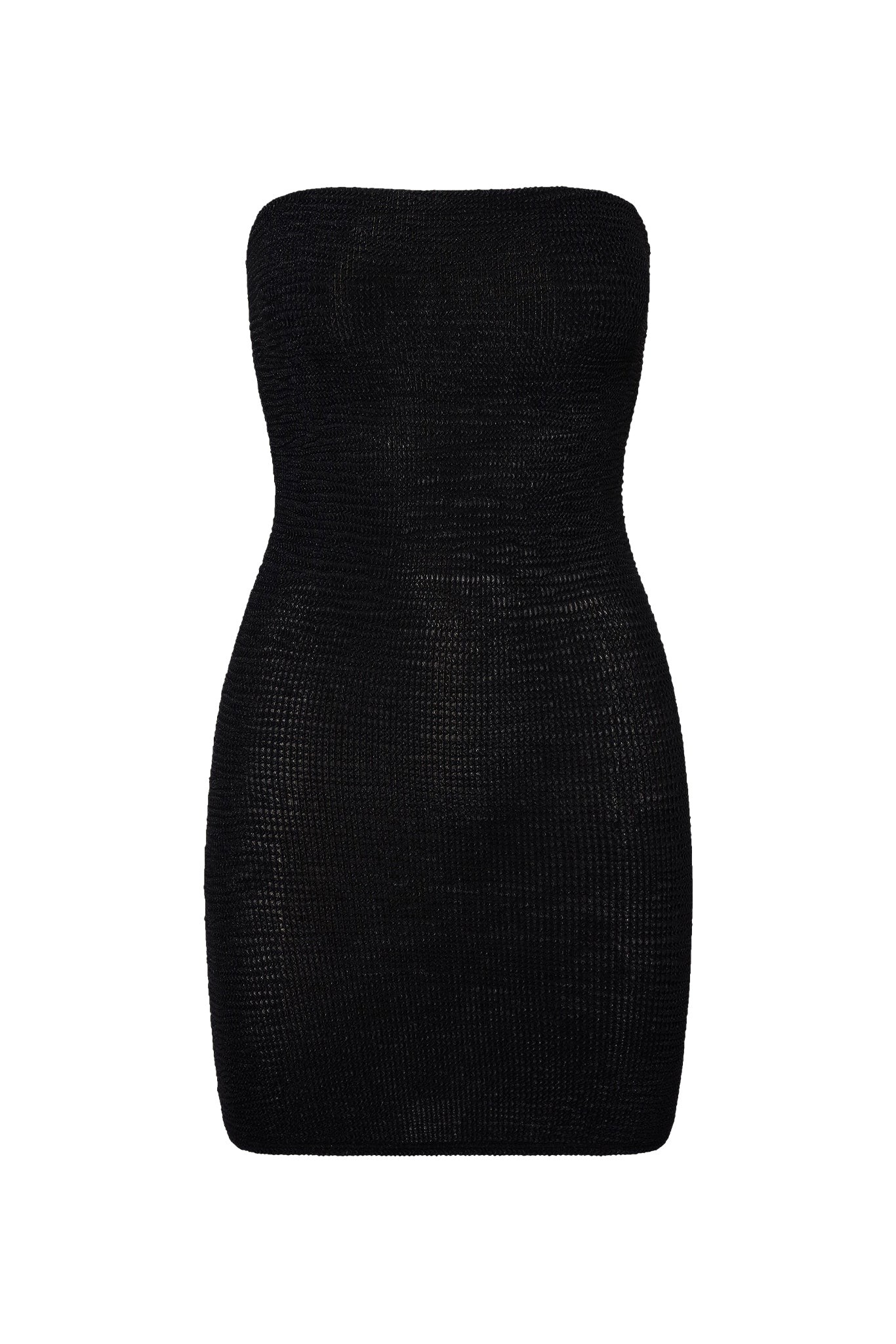 Strapless black knitted bodycon mini dress on white background