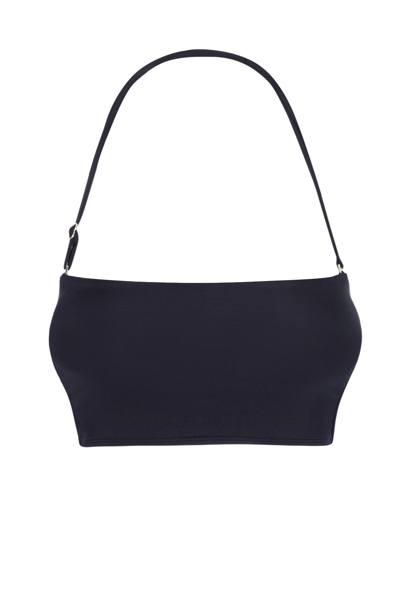Black bandeau bikini top with one thin adjustable shoulder strap and straight neckline.