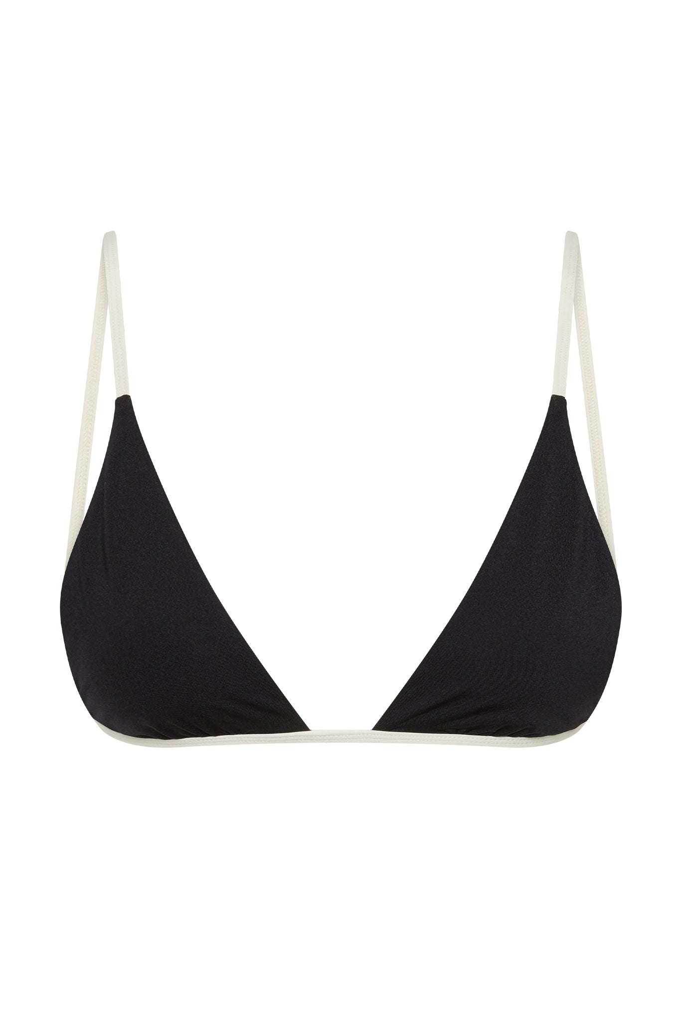 Black triangle bikini top with thin off-white straps and trim