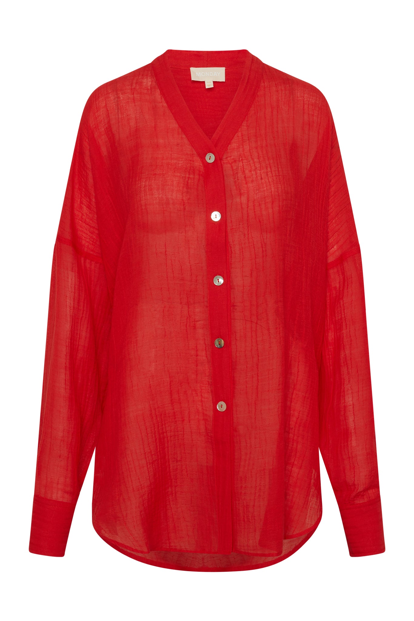 Sheer red long-sleeve V-neck button-front blouse with mother-of-pearl buttons; neck label reads MONDAY.
