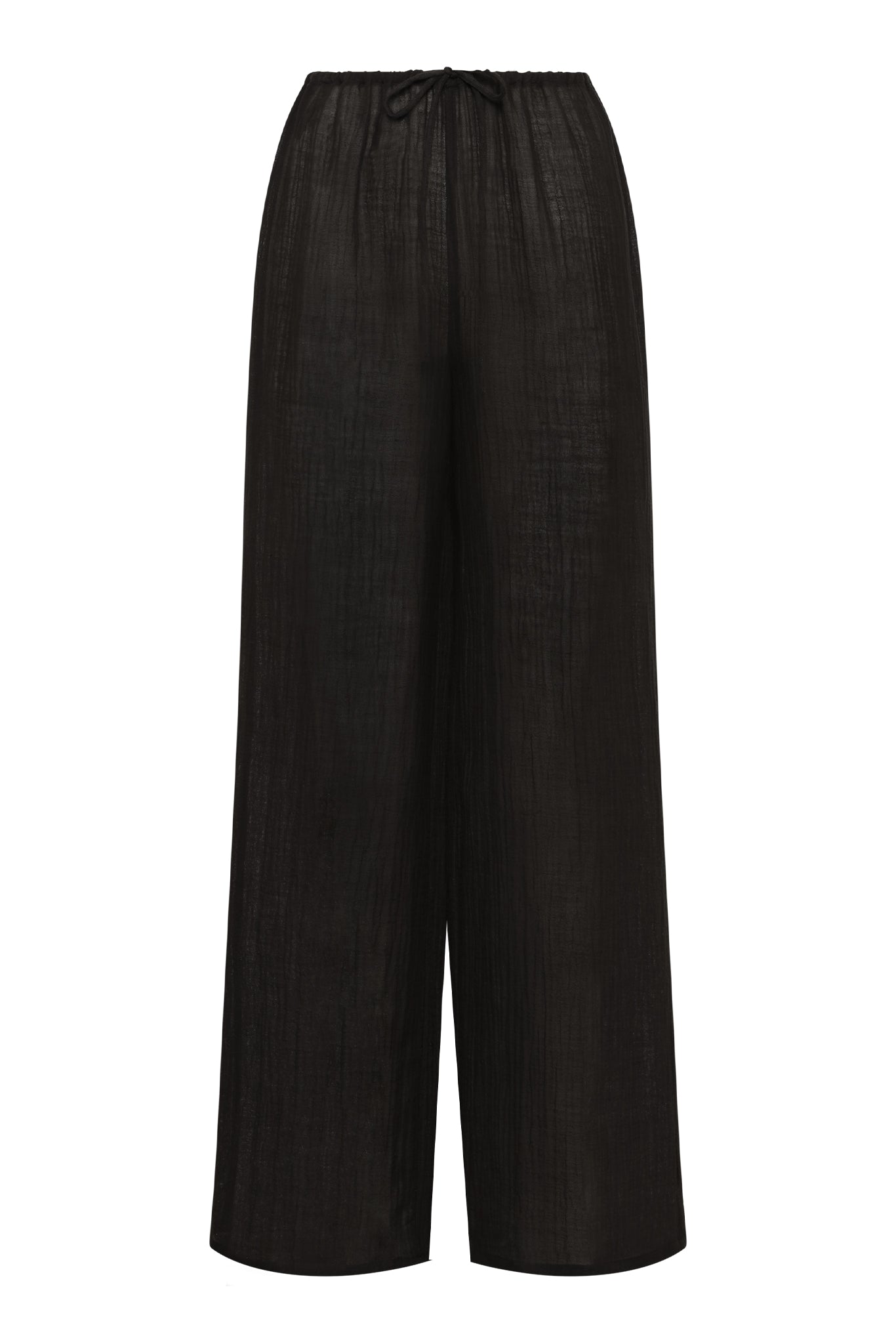 Black wide-leg linen pants with elastic drawstring waistband, front view on white background.