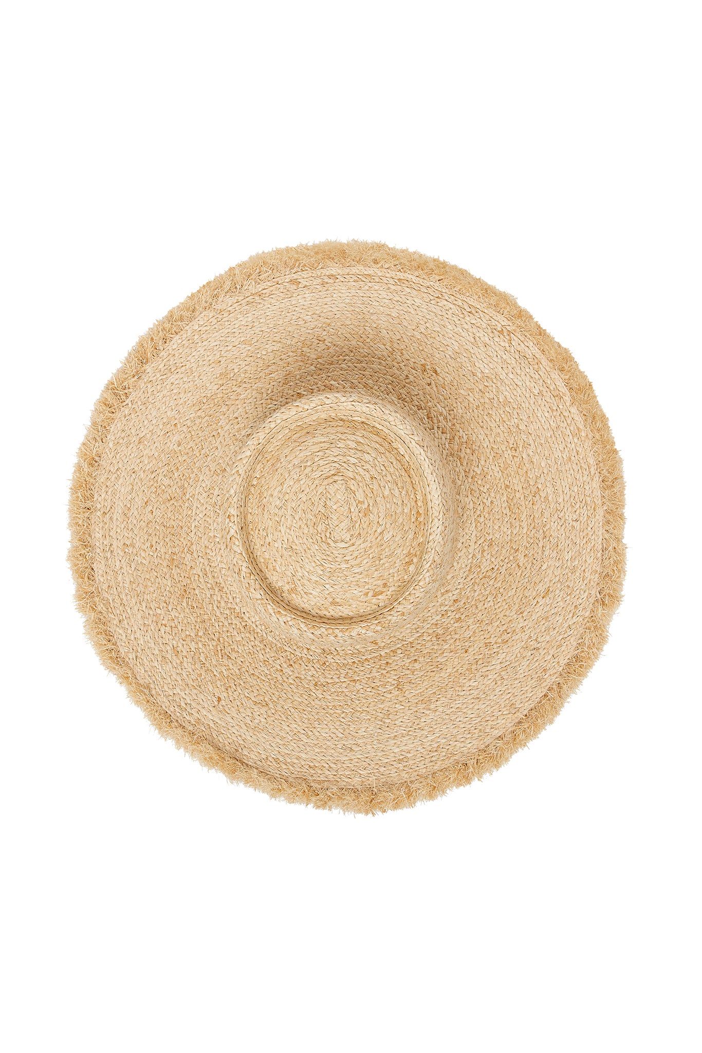 Wide-brim straw sun hat with frayed edge, top view