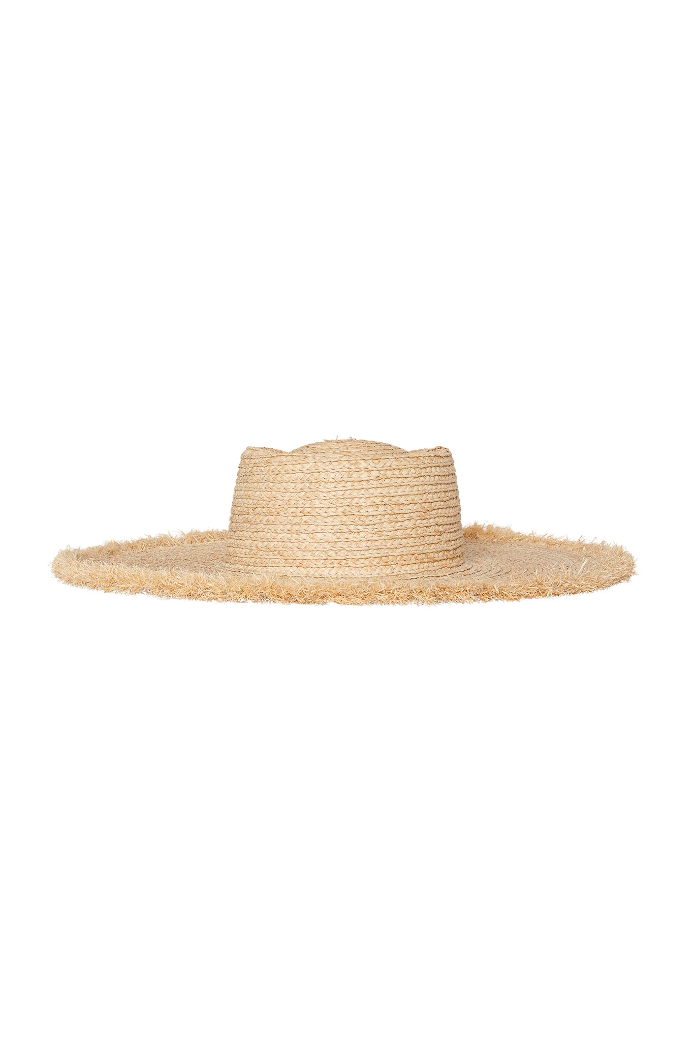 Wide-brimmed straw sun hat with frayed edge and low round crown