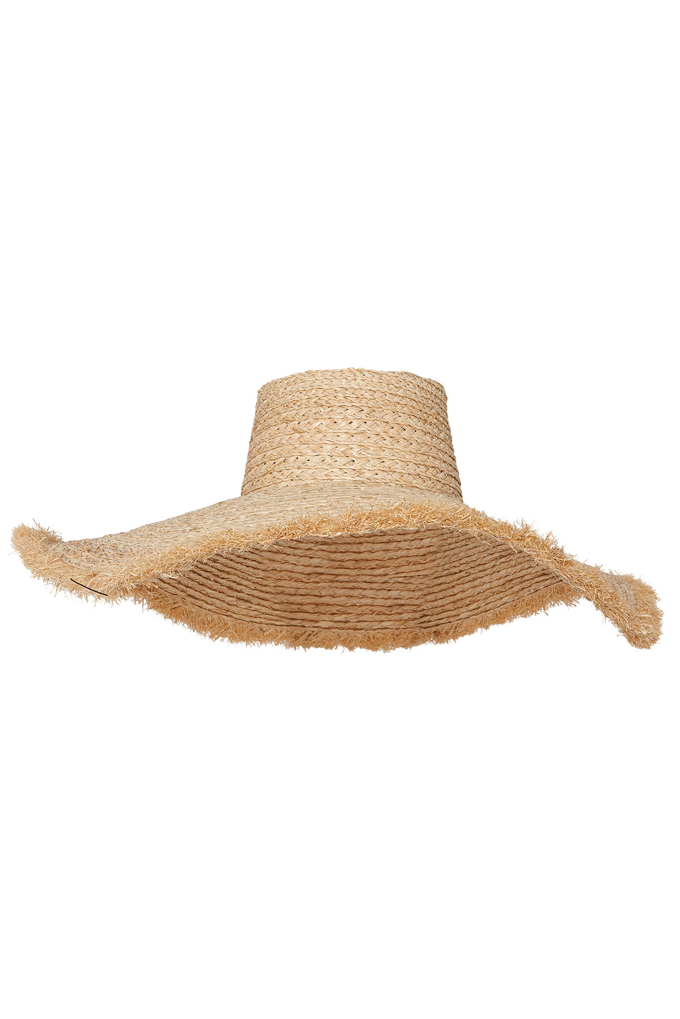Wide-brimmed natural straw sun hat with frayed edges and tall rounded crown, braided straw texture.